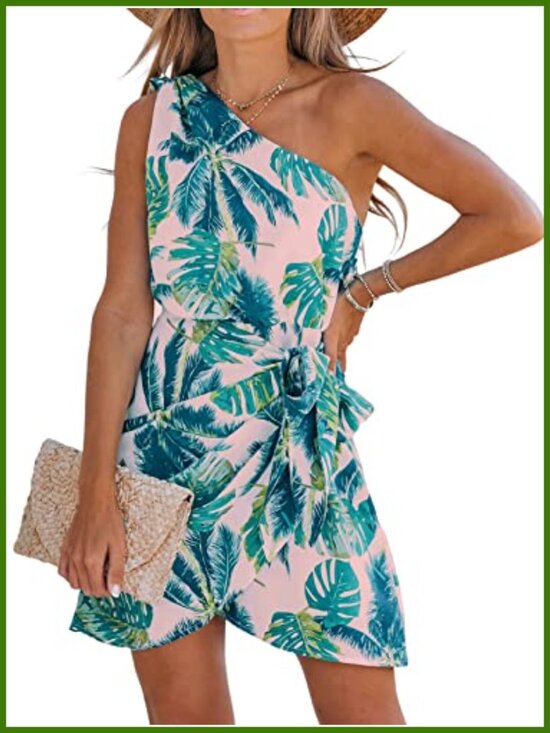 Dresses & Skirts - One Shoulder Tropical Leaf Print Mini Dress with Self-Tie Sash